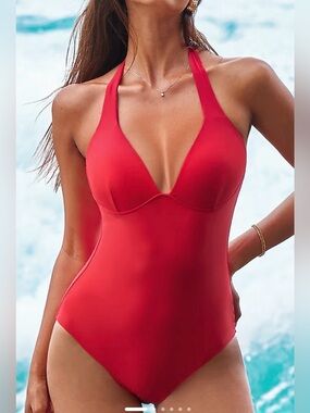 NWT Cupshe Bust Enhancing Red Plunging One Piece Swim Suit, Large